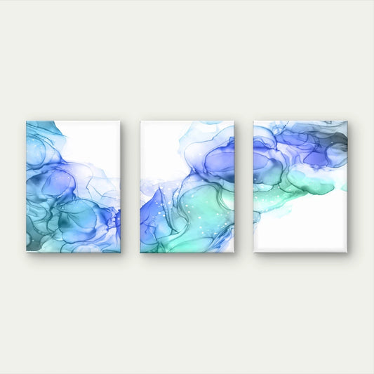3pcs Blue and Green Alcohol Ink Modern Fluid Wall Art Set Canvas Framed 40x60cm - High Quality Print 100% Australian Made Wall Canvas Ready to Hang