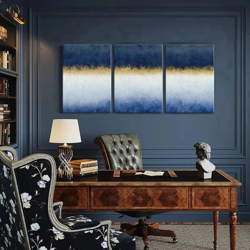 3pcs Blue White Golden Abstract Gradient Wall Art Metal Print Ready to Hang Art - Bella Home Decor