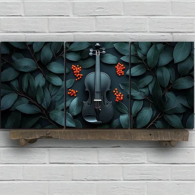 3pcs Chic Cello Trio Green Leaves Metal Print Ready to Hang Art - Bella Home Decor