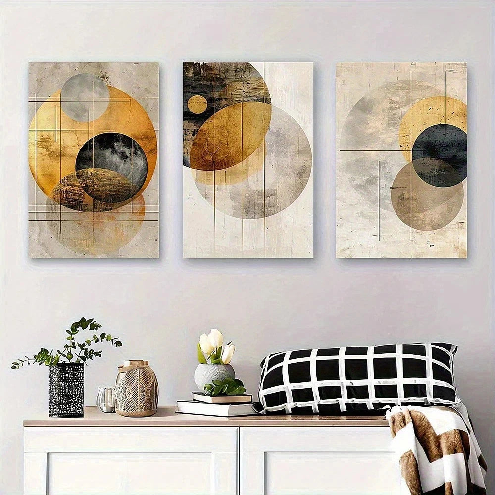 3pcs Abstract Geometric Golden and Black Round Metal Print Ready to Hang Art - Bella Home Decor