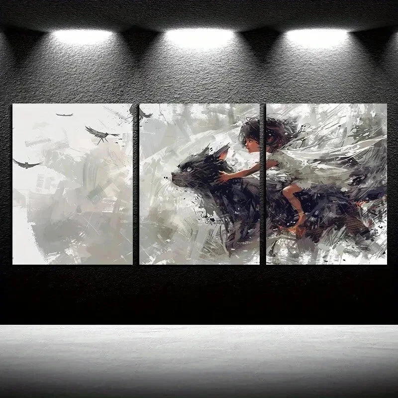 3pcs Charming Black Cat Girl Abstract Design Wall Art Set Canvas Framed 40x60cm - High Quality Print 100% Australian Made Wall Canvas Ready to Hang - Bella Home Decor