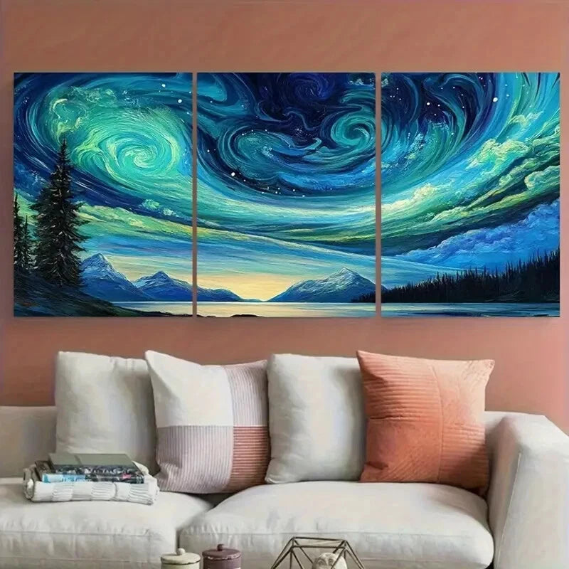 3pcs Celestial Swirling Night Sky Aurora Landscape Metal Print Ready to Hang Art - Bella Home Decor