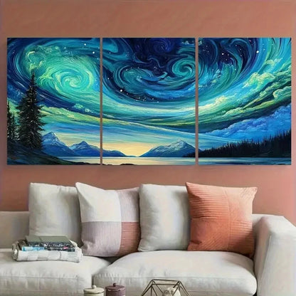 3pcs Celestial Swirling Night Sky Aurora Landscape Metal Print Ready to Hang Art - Bella Home Decor