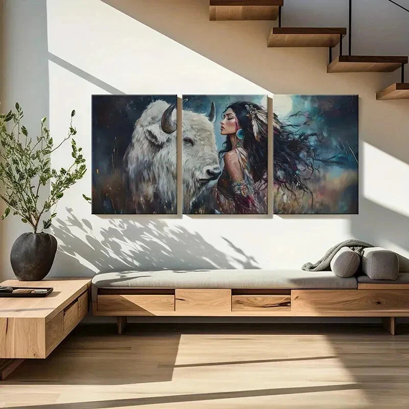 3pcs White Buffalo Dreamcatcher Tribal Woman Metal Print Ready to Hang Art - Bella Home Decor