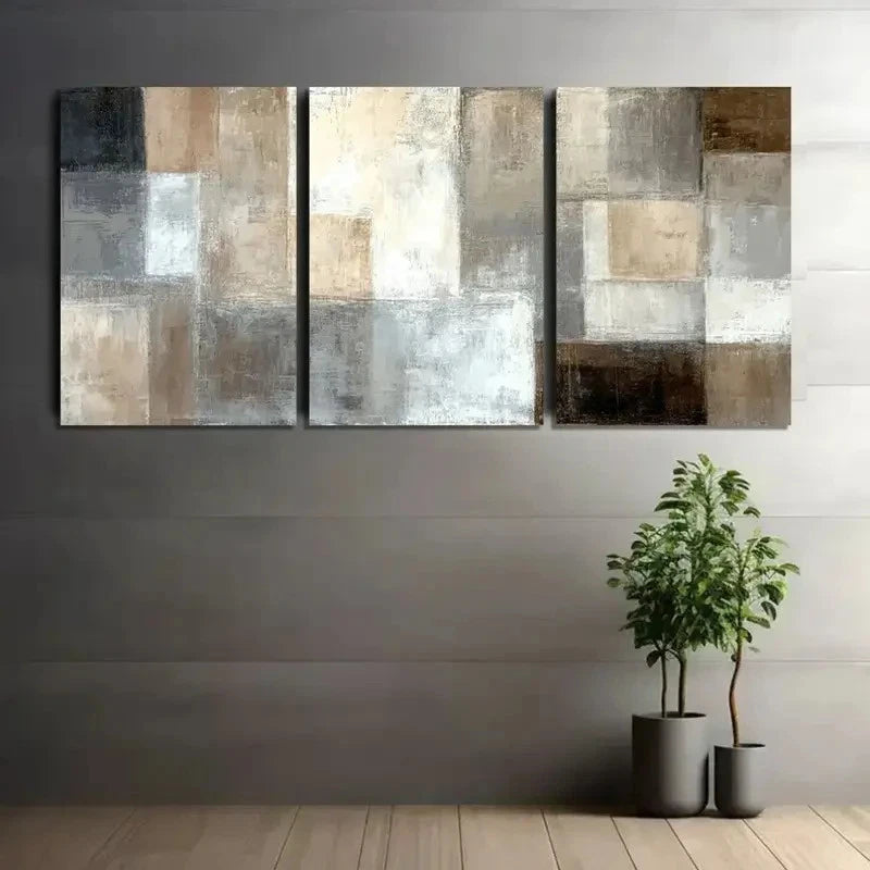 3pcs Abstract Painting with Light Brown White Grey Metal Print Ready to Hang Art - Bella Home Decor
