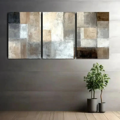 3pcs Abstract Painting with Light Brown White Grey Metal Print Ready to Hang Art - Bella Home Decor