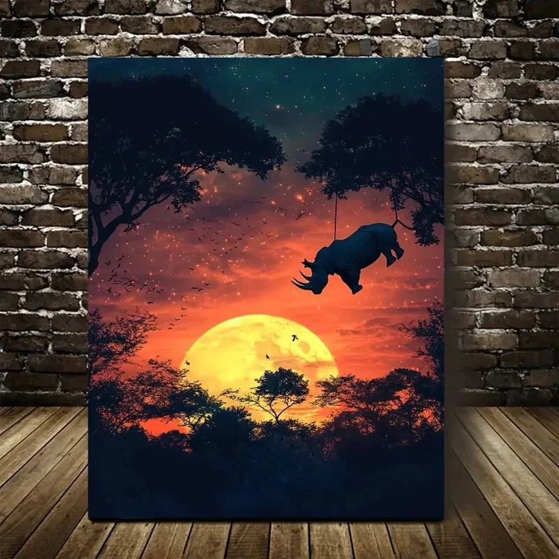 Rhino Swing Scene with Glowing Sunset Painting  40x60cm Metal Print Ready to Hang - Bella Home Decor