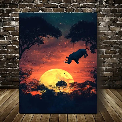 Rhino Swing Scene with Glowing Sunset Painting  40x60cm Metal Print Ready to Hang - Bella Home Decor