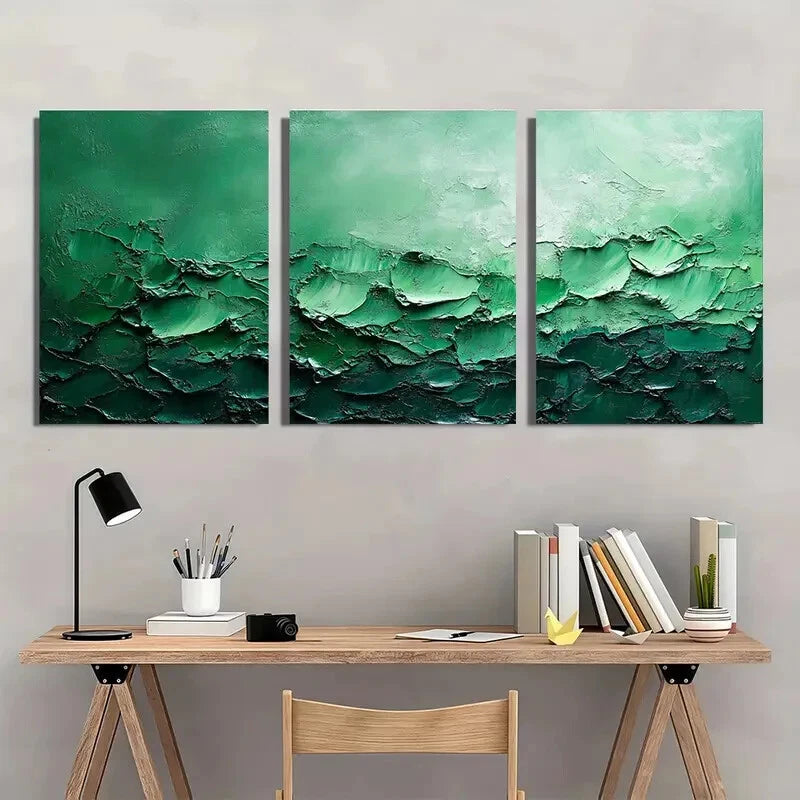 3pcs Green Texture Painting Abstract Metal Print Ready to Hang Art - Bella Home Decor