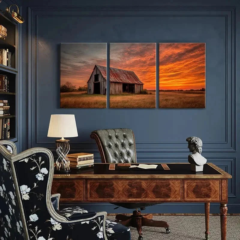 3pcs Rustic Barn Sunset Sky Landscape Art Metal Print Ready to Hang Art - Bella Home Decor