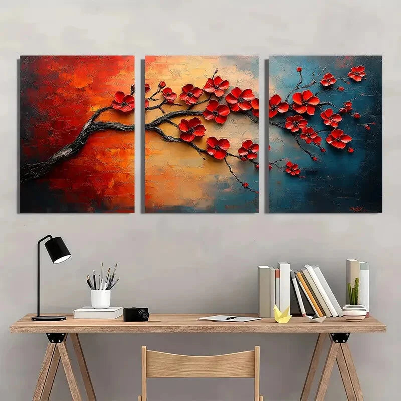 3pcs Modern Abstract Red Cherry Blossom Metal Print Ready to Hang Art - Bella Home Decor