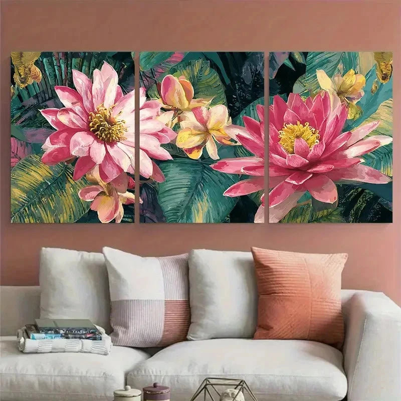 3pcs Pink Florals painting Nature Illustration Wall Art Set Canvas Framed 50x70cm - High Quality Print 100% Australian Made Wall Canvas Ready to Hang