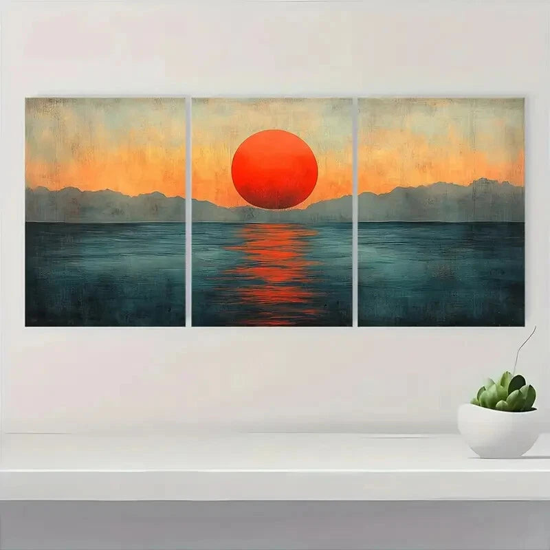 3pcs Abstract Sunset Art Mid-Century Metal Print Ready to Hang Art - Bella Home Decor