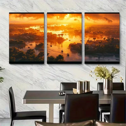 3pcs Niger River Sunset with Pirogues Metal Print Ready to Hang Art