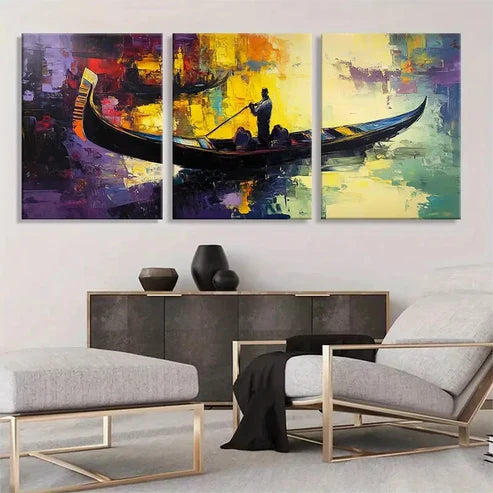 3pcs Gondola at Sunset Venetian Vibrant Wall Art Canvas Unframed - High Quality Print 100% Australian Made Wall Canvas
