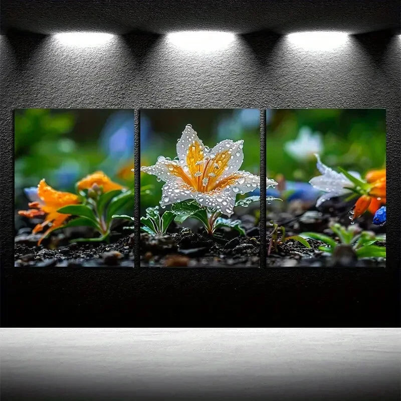 3pcs Vibrant Flowers Blooming with Water Drops Metal Print Ready to Hang Art - Bella Home Decor