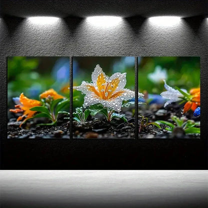 3pcs Vibrant Flowers Blooming with Water Drops Metal Print Ready to Hang Art - Bella Home Decor