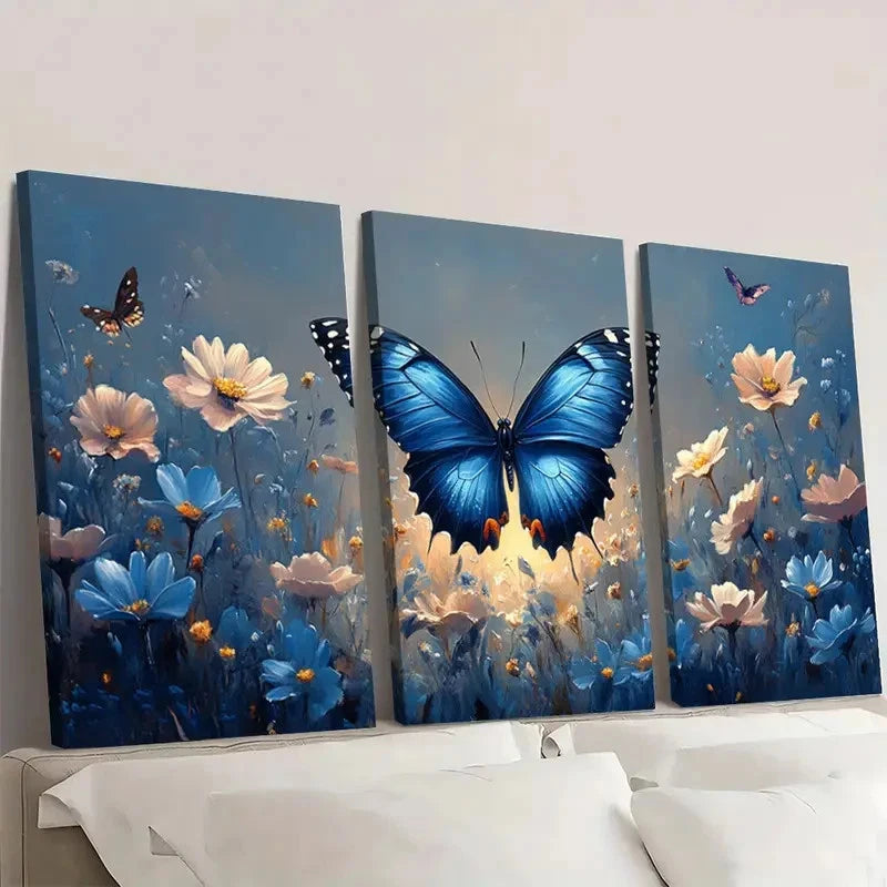 3pcs Vibrant Blue Butterfly & Floral Landscape E  Wall Art Set Canvas Framed 60x90cm - High Quality Print 100% Australian Made Wall Canvas Ready to Hang