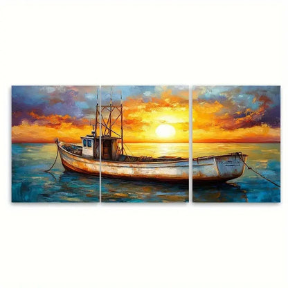 3pcs Vintage Fishing Boat Seaside Coastal Design Wall Art Set Canvas Framed 40x60cm - High Quality Print 100% Australian Made Wall Canvas Ready to Hang
