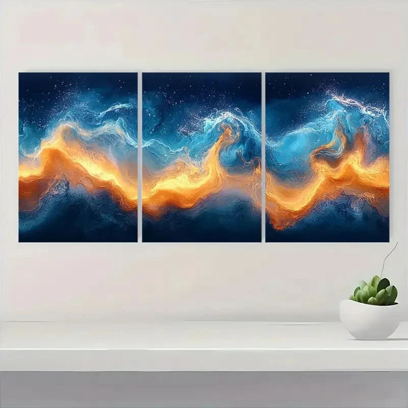 3pcs Abstract Ocean Waves Blue Fluid Art Metal Print Ready to Hang Art - Bella Home Decor