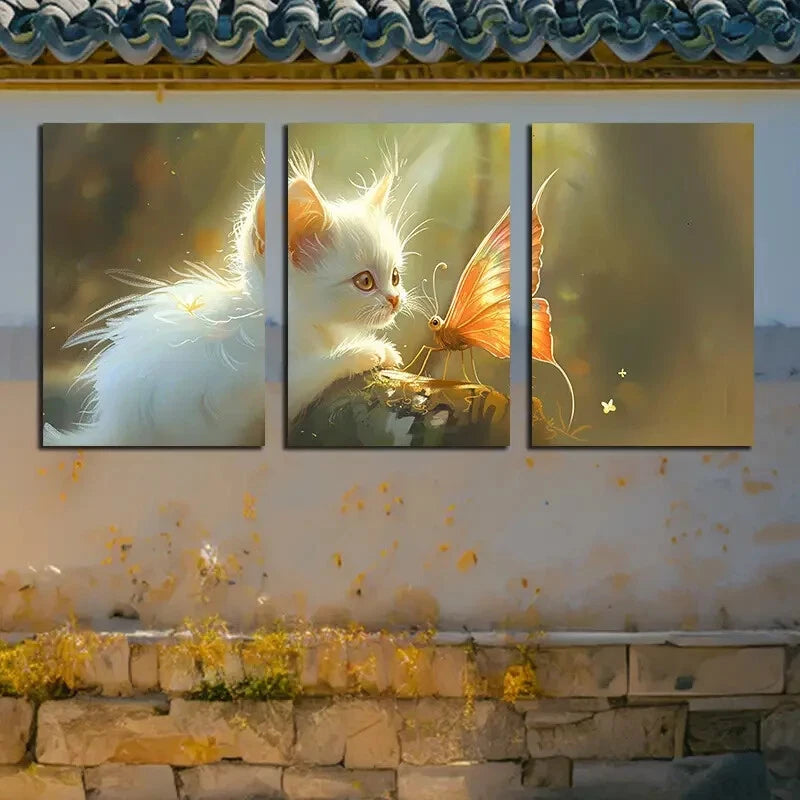 3pcs Vibrant Charming White Cat & Bumblebee Metal Print Ready to Hang Art