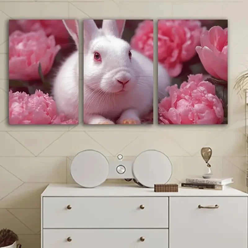 3pcs White Rabbit With Pink Peonies Wall Art Set Canvas Framed 40x60cm - High Quality Print 100% Australian Made Wall Canvas Ready to Hang