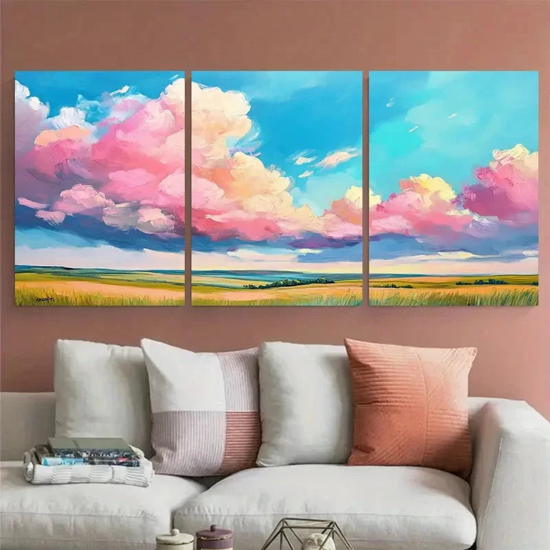3pcs Vibrant Pink Clouds Landscape Blue Sky Wall Art Set Canvas Framed 50x70cm - High Quality Print 100% Australian Made Wall Canvas Ready to Hang
