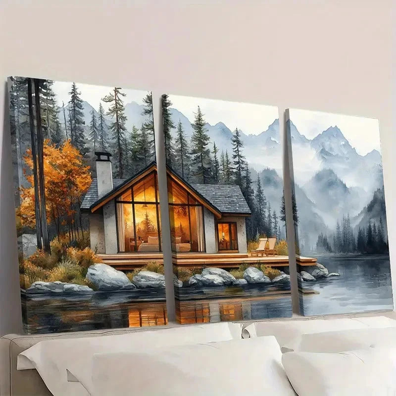 3pcs Cabin Painting Tahoe Lake Art  S  Wall Art Set Canvas Framed 40x60cm - High Quality Print 100% Australian Made Wall Canvas Ready to Hang - Bella Home Decor