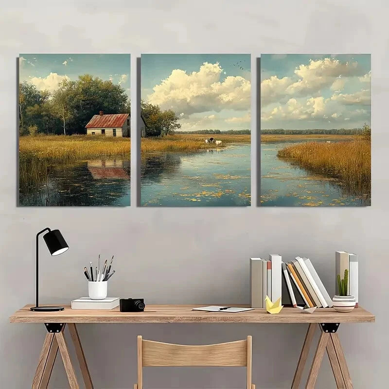 3pcs Rustic Cows at a Pond Pastoral Landscape Metal Print Ready to Hang Art - Bella Home Decor