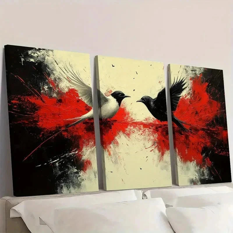 3pcs Black White and Red Birds ER   Wall Art Set Canvas Framed 60x90cm - High Quality Print 100% Australian Made Wall Canvas Ready to Hang - Bella Home Decor