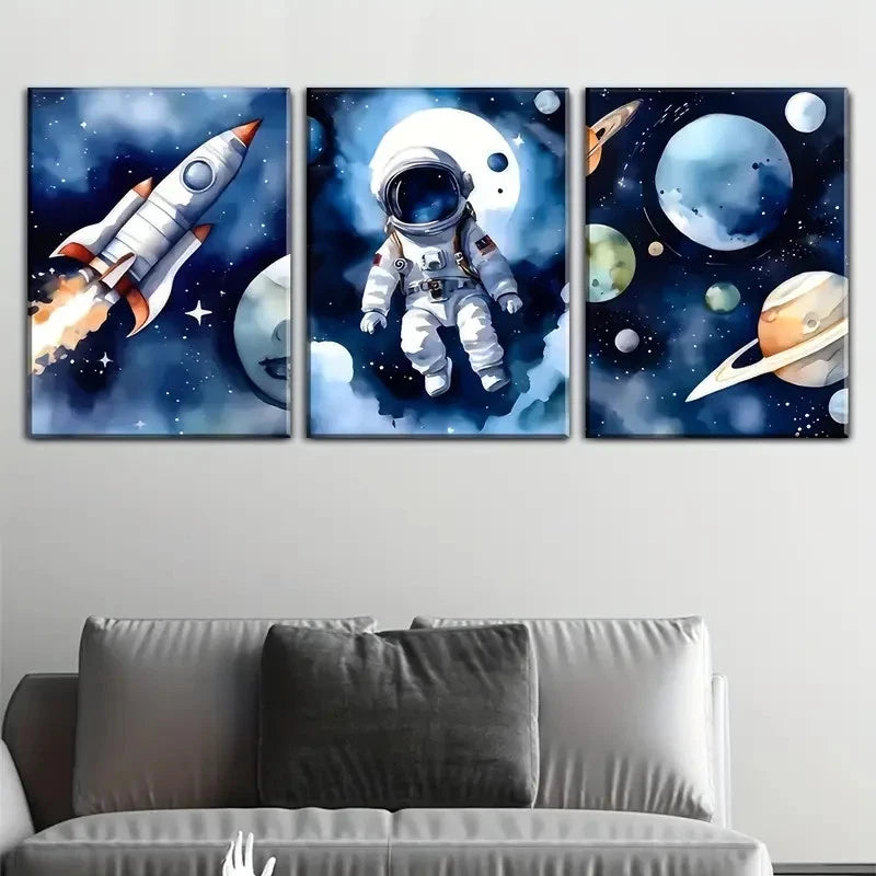 3pcs Cartoon Astronauts and Outer Space Painting Metal Print Ready to Hang Art - Bella Home Decor