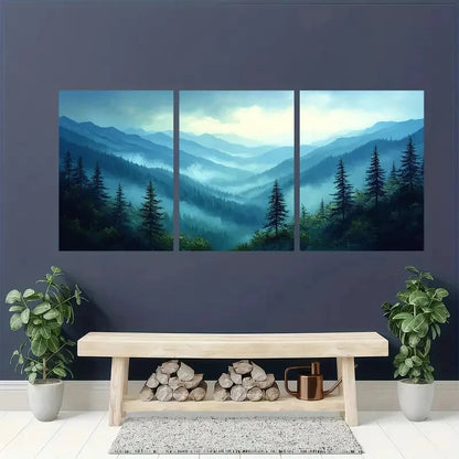 3pcs Appalachian Misty Pine Forest Landscape Metal Print Ready to Hang Art - Bella Home Decor