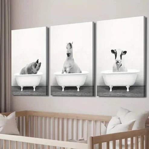 3pcs Modern Black and White Animal Bathtub Wall Art Set Canvas Unframed - High Quality Print 100% Australian Made Wall Canvas