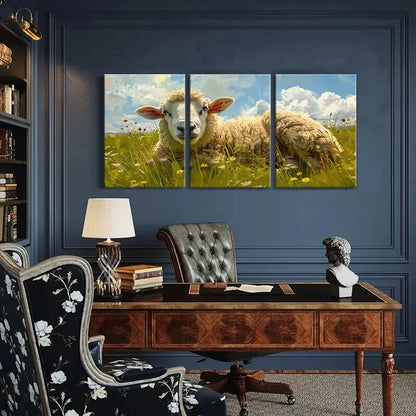 3pcs Pastoral Sheep Vibrant Wildflowers Metal Print Ready to Hang Art - Bella Home Decor
