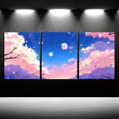 3pcs Hot Air Balloons Over Colorful Sky Design Metal Print Ready to Hang Art - Bella Home Decor