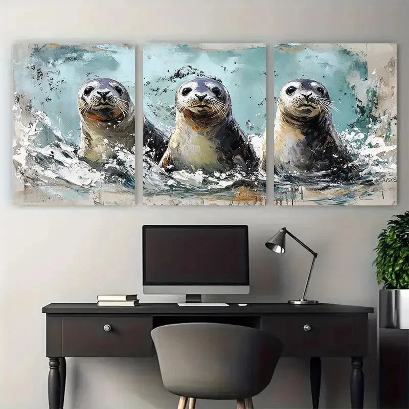 3pcs Seal Painting Sea Animal Illustration Wall Art Set Canvas Framed 40x60cm - High Quality Print 100% Australian Made Wall Canvas Ready to Hang - Bella Home Decor