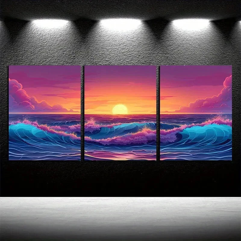 3pcs Ocean Sunset Series, Abstract Sea at Dusk Metal Print Ready to Hang Art - Bella Home Decor
