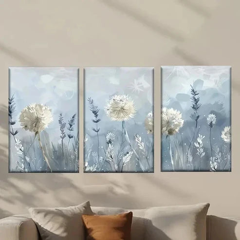 3pcs White Dandelion Flowers and Grass Wall Art Canvas Unframed - High Quality Print 100% Australian Made Wall Canvas