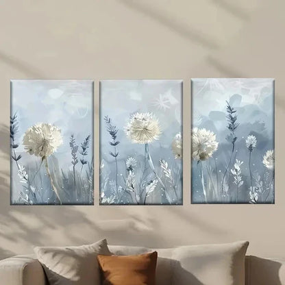 3pcs White Dandelion Flowers and Grass Wall Art Canvas Unframed - High Quality Print 100% Australian Made Wall Canvas
