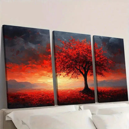 3pcs Vibrant Red Tree Abstract Landscape S  Wall Art Set Canvas Framed 50x70cm - High Quality Print 100% Australian Made Wall Canvas Ready to Hang