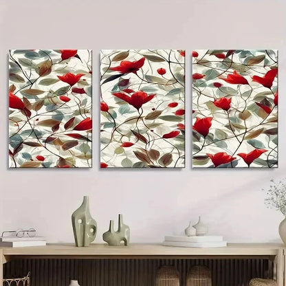 3pcs Botanical Red Flowers Pattern Wall Art Set Canvas Framed 40x60cm - High Quality Print 100% Australian Made Wall Canvas Ready to Hang - Bella Home Decor