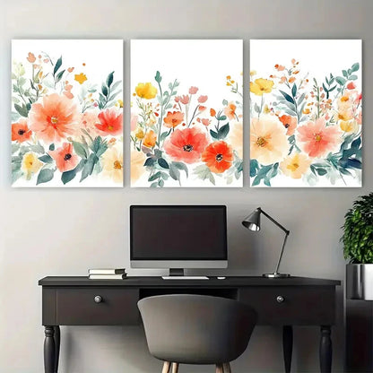 3pcs Colorful Floral with Leaves Illustration Metal Print Ready to Hang Art - Bella Home Decor