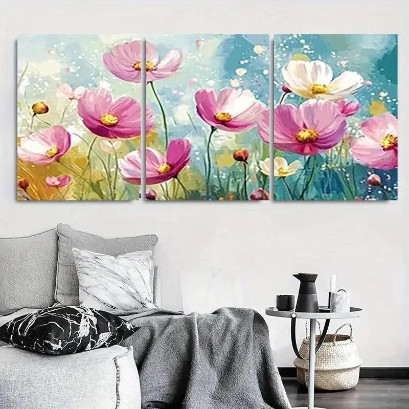 3pcs Pink Cosmos Floral Abstract Wall Art Set Canvas Framed 60x90cm - High Quality Print 100% Australian Made Wall Canvas Ready to Hang