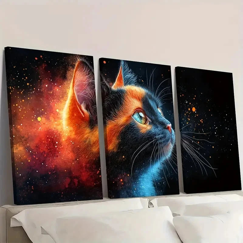 3pcs Vibrant Calico Cat A  Wall Art Set Canvas Framed 50x70cm - High Quality Print 100% Australian Made Wall Canvas Ready to Hang