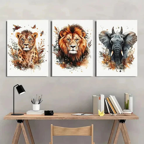 3pcs Animal Lions Elephants Giraffes Paintings Wall Art Set Canvas Unframed - High Quality Print 100% Australian Made Wall Canvas - Bella Home Decor