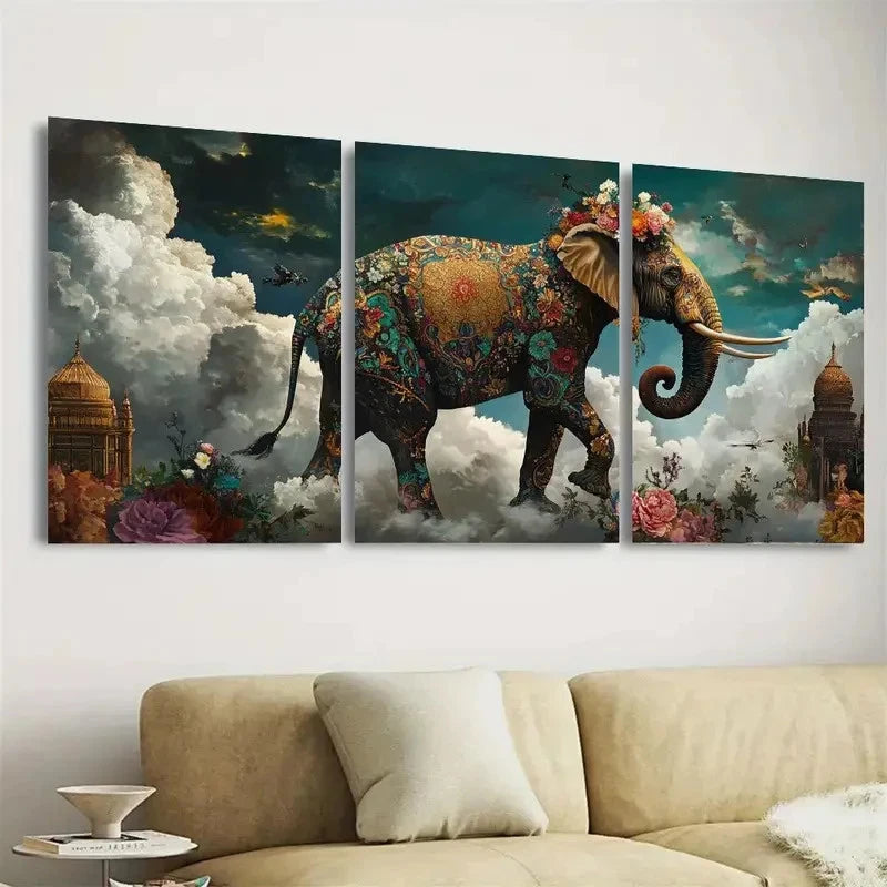 3pcs Majestic Elephant, Royal Reverie Design Wall Art Set Canvas Framed 40x60cm - High Quality Print 100% Australian Made Wall Canvas Ready to Hang