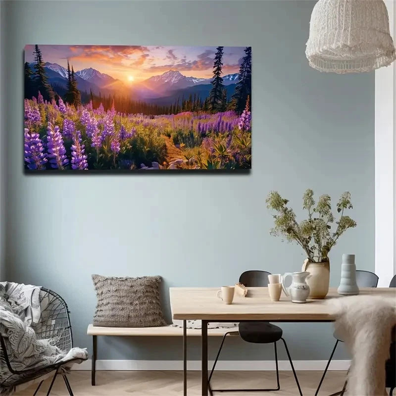 Vibrant Purple Flowers Under Wall Art Canvas Office Home Room Framed 120x60cm