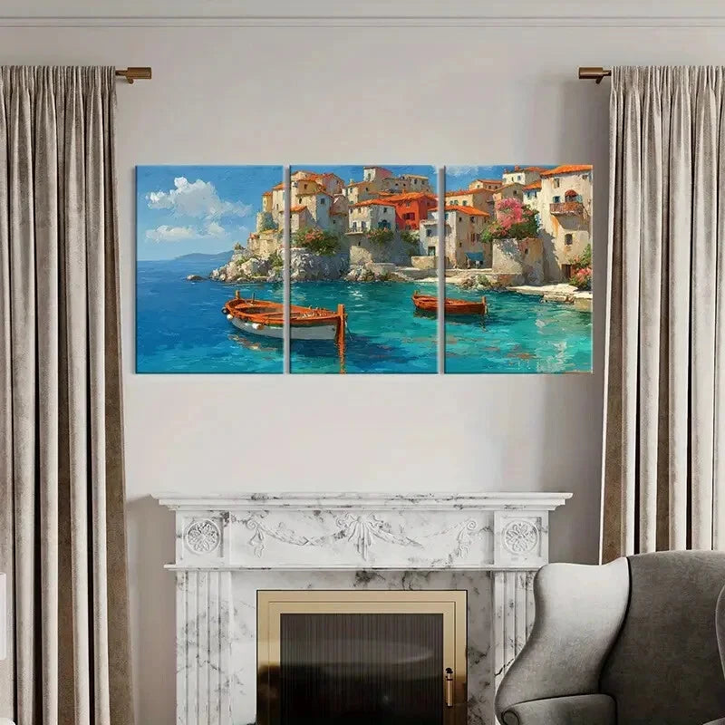 3pcs Artistic Coastal Village Mediterranean Style Metal Print Ready to Hang Art - Bella Home Decor
