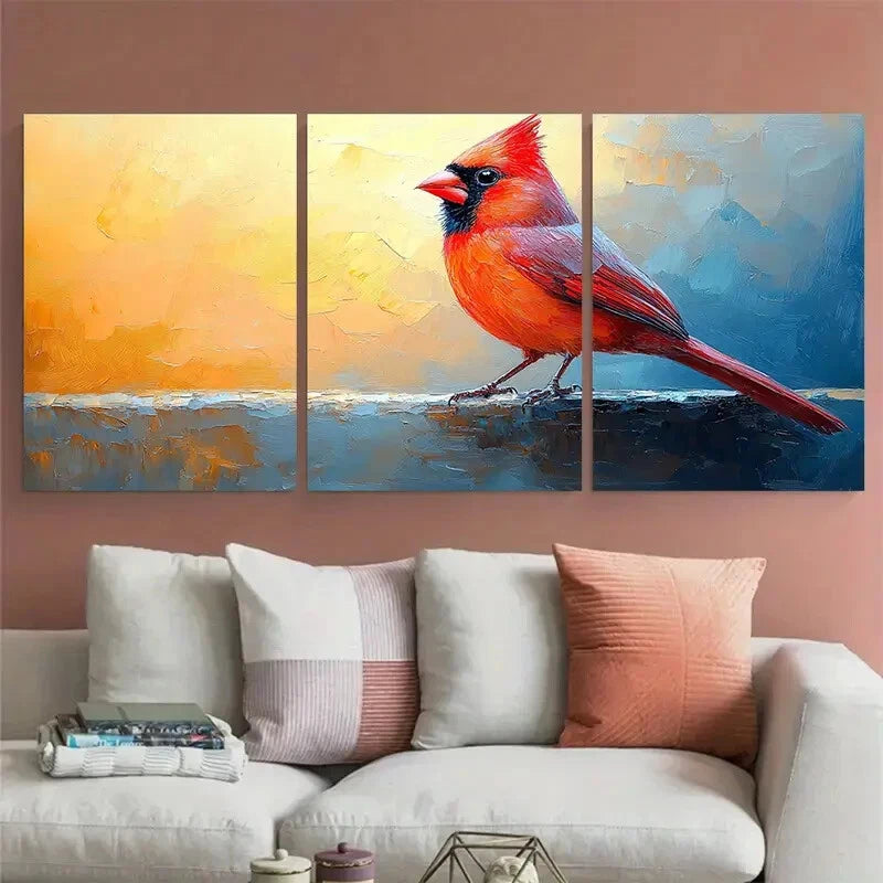 3pcs Vibrant Cardinal Bird Impasto Illustration Metal Print Ready to Hang Art - Bella Home Decor