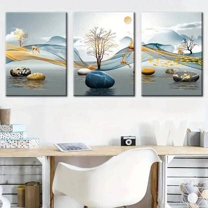 3pcs Landscape Elk Abstract Geometric Wall Art Set Canvas Framed 50x70cm - High Quality Print 100% Australian Made Wall Canvas Ready to Hang